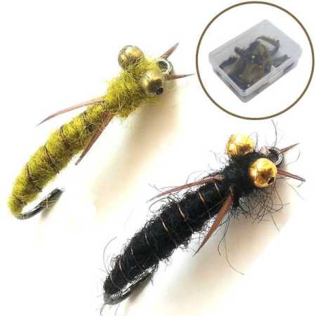 Assorted Nymph Flies Green and Black Colour Fishing Fly Pack with Box