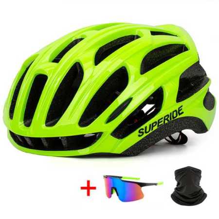 High Visibility Fluro Green Cycling Helmet  Sunglasses Neck Face Warmer Set