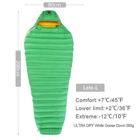 Leto Large Green Sleeping Bag Ultra lightweight 2 to 7 Degrees