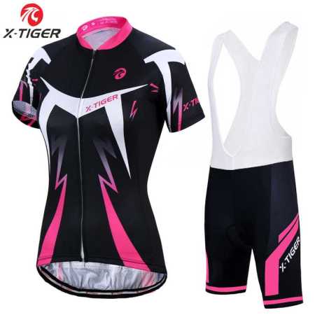 Womens Cycling Bib and Shirt Set Black with Pink and White