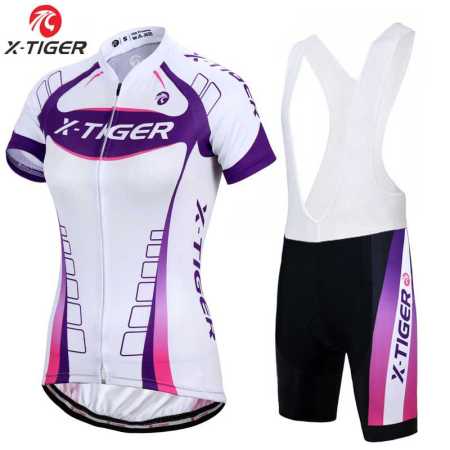 Womens Cycling Jersey Set Shirt and Bib Bike Pants Bl;ack white Purple and Pink 