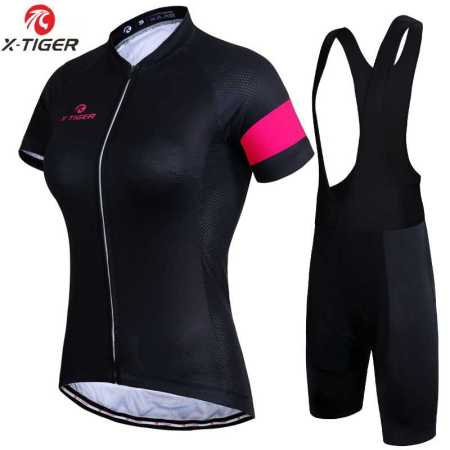 X Tiger Womens Cycling Jersey Set Shirt and Bib Bike Pants Black Pink 