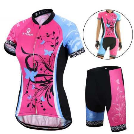X Tiger Womens Cycling Shirt and Shorts Set Black White Pink and Blue